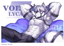  1boy abs animal_ears armpits arms_behind_head artist_name bara biceps black_pants character_name colored_tips english_commentary english_text eyepatch furry furry_male kerogi_haku looking_at_viewer male_focus merchandise merchandise_available multicolored_hair muscular muscular_male navel nipples one_eye_covered pants pectorals red_eyes sitting tail tail_belt topless_male von_lycaon watermark wolf_boy wolf_ears wolf_tail zenless_zone_zero 