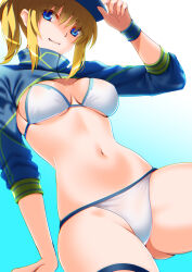  artoria_pendragon_(fate) baseball_cap bikini blonde_hair blue_eyes blue_hat blue_jacket breasts cleavage cropped_jacket engo_(aquawatery) fate/grand_order fate_(series) female hat highres jacket large_breasts long_hair long_sleeves looking_at_viewer mysterious_heroine_xx_(fate) navel ponytail shrug_(clothing) sidelocks smile solo swimsuit thighs white_bikini wristband 