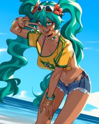  aqua_hair bead_bracelet beads bikini bikini_under_clothes blue_bikini blue_shorts bracelet brazilian_miku cloud cloudy_sky collarbone cropped day earrings exposed_pocket eyewear_on_head female flower green_nails hair_flower hair_ornament halterneck hand_on_own_knee hatsune_miku hekutoru high-waist_bikini highres jewelry leaning_forward long_hair nail_polish ocean open_fly outdoors red_flower short_shorts shorts side-tie_bikini_bottom sky solo standing sunglasses swimsuit teeth tongue tongue_out twintails vocaloid worldwide_miku yellow_nails 