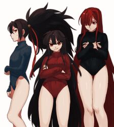  1boy 2girls bare_legs beam107 big_hair black_hair black_leotard blue_leotard bulge center-flap_bangs clenched_hand closed_mouth covered_navel crossed_arms fate_(series) feet_out_of_frame groin hair_between_eyes hair_over_one_eye hair_ribbon hands_on_own_chest hands_up highleg highleg_leotard highres knee_up leotard long_hair long_sleeves looking_at_another looking_at_viewer multiple_girls oda_kippoushi_(fate) oda_nobunaga_(fate) oda_nobunaga_(koha-ace) oda_nobunaga_(maou_avenger)_(fate) one_eye_covered ponytail profile red_eyes red_hair red_leotard red_ribbon ribbed_leotard ribbon sidelocks simple_background single_hair_intake sleeves_past_wrists smirk sweatdrop turtleneck turtleneck_leotard v-shaped_eyebrows very_long_hair white_background 