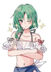  alternate_costume bikini black_bikini blue_sash collarbone commentary d9ysbx288350 female frills green_hair halterneck looking_at_viewer navel one_eye_closed sarong sash shiki_eiki simple_background solo swimsuit touhou white_background 