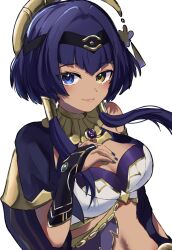  blue_eyes blue_hair breasts candace_(genshin_impact) egyptian_clothes eye_of_horus female fingerless_gloves genshin_impact gloves heterochromia highres jewelry leon0630claude navel short_hair short_hair_with_long_locks yellow_eyes 