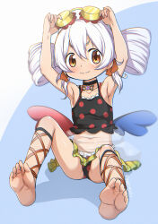  abstract_background abutomato arm_up armpits arms_up asymmetrical_wings bare_shoulders barefoot bikini black_bikini black_choker blush breasts brown_eyes cartoon_wings choker collarbone feet female full_body highres holding jewelry long_hair looking_at_viewer magia_record:_mahou_shoujo_madoka_magica_gaiden magical_girl mahou_shoujo_madoka_magica mismatched_wings momoe_nagisa momoe_nagisa_(swimsuit_ver.) multicolored_eyes polka_dot polka_dot_bikini ringed_eyes see-through sitting small_breasts smile soles solo swimsuit toes twitter_username two_side_up white_hair wings yellow_eyes 