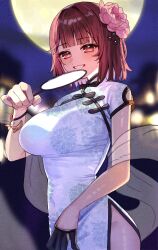  atelier_(series) atelier_sophie black_gloves blurry blurry_background breasts china_dress chinese_clothes dress female flower full_moon gloves hair_flower hair_ornament highres holding large_breasts looking_at_viewer moon night night_sky outdoors pink_flower red_eyes red_hair ryuuno6 short_hair sky smile solo sophie_neuenmuller white_dress 