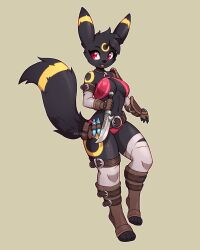  2024 asimos black_body black_hair breasts clothing eeveelution female generation_2_pokemon hair hi_res humanoid knife legwear navel nintendo open_mouth paws pokemon pokemon_(species) red_eyes signature simple_background solo tongue umbreon weapon 