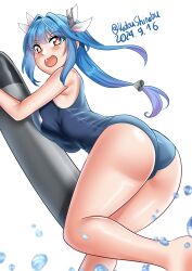  absurdres air_bubble ass back blue_hair blush breast_press breasts bubble cowboy_shot dated fangs female flower-shaped_pupils hair_ribbon highres holding holding_torpedo i-19_(kancolle) kantai_collection katou_shinobu large_breasts long_hair looking_at_viewer name_tag one-piece_swimsuit open_mouth red_eyes ribbon school_swimsuit smile solo swimsuit symbol-shaped_pupils torpedo tri_tails twintails twitter_username underwater 