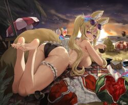  absurdres animal_ears ass barefoot beach bikini blonde_hair breasts eyewear_on_head female flower flower_on_head food fox_ears fox_girl fox_tail from_behind fruit full_body highres hololive large_breasts long_hair looking_at_viewer minus_zero69 multicolored_hair nintendo_switch ocean omaru_polka open_bikini open_clothes pink_hair purple_eyes sand_castle sand_sculpture ship solo sunglasses sunset swimsuit tail twintails virtual_youtuber watercraft watermelon 