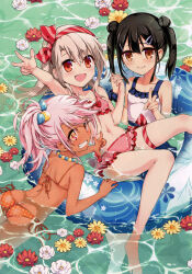  3girls :d absurdres alternate_hairstyle ass bare_shoulders bead_necklace beads bikini black_hair brown_eyes chloe_von_einzbern collarbone dark-skinned_female dark_skin double_bun fate/kaleid_liner_prisma_illya fate_(series) flower grin hair_bobbles hair_bun hair_ornament hair_up hairband hairclip highres hiroyama_hiroshi holding_hands illyasviel_von_einzbern innertube interlocked_fingers jewelry leg_ribbon long_hair miyu_edelfelt multiple_girls necklace non-web_source official_art open_mouth orange_bikini partially_submerged pearl_necklace pink_bikini pink_hair polka_dot polka_dot_bikini ponytail pool red_eyes ribbon scan scrunchie side-tie_bikini_bottom smile swim_ring swimsuit thigh_ribbon twintails v water white_hair wrist_scrunchie 