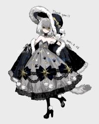  absurdres animal_ears black_bow black_cape black_footwear black_hat bow cape cat_ears cat_girl cat_tail chinese_commentary closed_mouth commentary_request commission dated dress dress_bow english_text expressionless female flat_chest frilled_dress frills full_body fur-trimmed_cape fur-trimmed_headwear fur_trim grey_background grey_dress grey_ribbon hat hat_bow highres medium_hair original paw_print paw_print_pattern pom_pom_(clothes) simple_background solo strapless strapless_dress tail thank_you vihua6 watermark white_hair yellow_bow yellow_eyes 