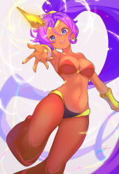  absurdly_long_hair absurdres arabian_clothes bandeau bare_shoulders big_hair blue_eyes blurry bracer breasts commentary dark-skinned_female dark_skin depth_of_field earrings female genie hair_ornament harem_pants high_ponytail highres hoop_earrings itou_kazuki jewelry long_hair looking_at_viewer navel o-ring o-ring_top oil_lamp open_mouth outstretched_hand pants pointy_ears purple_hair shantae shantae_(series) signature smile solo tiara very_long_hair 