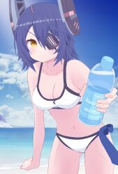  absurdres beach bikini blue_eyes blue_sky bottle breasts cleavage cloud commission day eyepatch headgear highres horizon kantai_collection looking_at_viewer medium_breasts mikoko1 navel necktie ocean official_alternate_costume outdoors plastic_bottle short_hair skeb_commission sky swimsuit tenryuu_(kancolle) tenryuu_(swimsuit_mode)_(kancolle) unworn_necktie water_bottle white_bikini yellow_eyes 