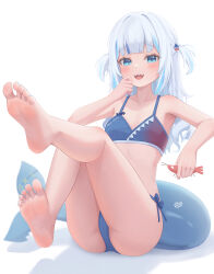  absurdres bare_arms bare_legs barefoot bikini blue_eyes blue_hair blue_nails breasts ebi-chan_(gawr_gura) feet female fins fish_tail flat_chest fpvjoe full_body gawr_gura highres holding hololive hololive_english looking_at_viewer multicolored_hair nail_polish open_mouth shark_tail sharp_teeth simple_background smile soles solo stomach streaked_hair swimsuit tail teeth thighs toes unfinished virtual_youtuber white_background 