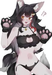  !? :d @_@ alternate_costume animal_ear_fluff animal_ears animal_hands ass_visible_through_thighs bell black_bra black_choker black_hair black_panties bra breasts cat_cutout cat_ear_panties cat_lingerie choker cleavage cleavage_cutout clothing_cutout double-parted_bangs female flipped_hair frilled_bra frills gloves hair_between_eyes hair_ornament hairclip hands_up hashtag-only_commentary highres hololive jingle_bell long_hair looking_at_viewer low-tied_long_hair meme_attire mofumin multicolored_hair navel neck_bell oerba_yun_fang ookami_mio open_mouth panties paw_gloves red_hair side-tie_panties sidelocks simple_background skin_fang smile solo spiked_hair stomach streaked_hair sweatdrop tail underwear underwear_only untied_panties very_long_hair virtual_youtuber white_background white_hair wolf_ears wolf_girl wolf_tail yellow_eyes 