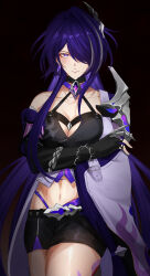  absurdres acheron_(honkai:_star_rail) armor black_background black_choker black_shorts breasts chain_around_arm chains choker chong_(aest8222) cleavage closed_mouth coat collarbone commentary_request cowboy_shot criss-cross_halter crossed_arms earrings female hair_ornament hair_over_one_eye halterneck highres honkai:_star_rail honkai_(series) jewelry large_breasts leg_tattoo long_hair looking_at_viewer midriff multicolored_hair navel partial_commentary purple_eyes shorts shoulder_armor simple_background single_bare_shoulder single_wide_sleeve solo streaked_hair tattoo very_long_hair white_coat 