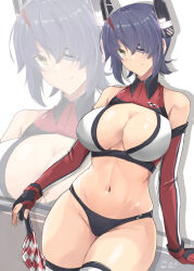  alternate_costume bare_shoulders bikini black_bikini black_gloves breasts closed_mouth commentary dated elbow_gloves eyepatch female fingerless_gloves gloves headgear highres kantai_collection large_breasts looking_at_viewer mismatched_bikini navel planted planted_umbrella purple_hair race_queen red_gloves short_hair simple_background smile solo swimsuit taira_yuuki tenryuu_(kancolle) thighhighs two-tone_gloves umbrella white_bikini yellow_eyes zoom_layer 