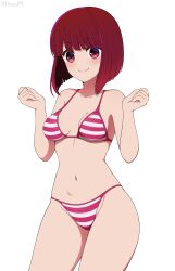  absurdres arima_kana bikini bob_cut breasts female highres medium_breasts oshi_no_ko red_bikini red_eyes red_hair short_hair simple_background smile solo standing striped_bikini striped_clothes swimsuit w_arms white_background yisusjpl 