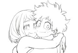  1boy boku_no_hero_academia commentary couple english_commentary female freckles half-closed_eyes high_collar highres hug line_art looking_at_viewer midoriya_izuku monochrome nude parallaxfused short_hair sidelocks smile spiked_hair upper_body uraraka_ochako white_background 