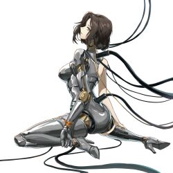  android boogieleo5 breasts brown_hair cable female from_side full_body high_heels highres joints looking_at_viewer lucy_(reverse:1999) medium_breasts metal_skin orange_ribbon profile reverse:1999 ribbon robot_girl robot_joints short_hair sitting solo wariza white_background wrist_ribbon yellow_eyes 