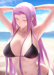  armpits arms_behind_back arms_up bare_shoulders beach bikini black_bikini blush breasts cleavage collarbone fate/stay_night fate_(series) female forehead highres large_breasts long_hair looking_at_viewer medusa_(fate) medusa_(rider)_(fate) minami_koyogi navel one_eye_closed parted_bangs purple_eyes purple_hair sidelocks solo swimsuit very_long_hair 