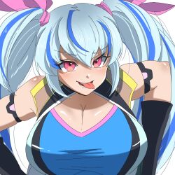  black_gloves blue_hair bow breasts cleavage gloves gundam gundam_breaker_4 heart highres juice_(jule_tyaojule) khara_pacchio long_hair looking_at_viewer multicolored_hair navel red_bow red_eyes simple_background sleeveless smile tongue tongue_out twintails 