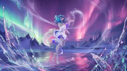  16:9 anthro blue_hair canid canine canis clothing dress female hair hi_res ice lights_polar magic magician mammal medwil snow snowstorm solo widescreen winter wolf 