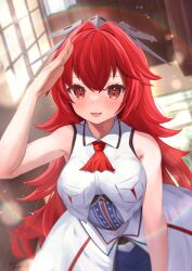  breasts female hair_between_eyes headgear highres kantai_collection large_breasts long_hair looking_at_viewer nazono_neko phoenix_(kancolle) red_eyes red_hair salute sleeveless smile solo white_overskirt 