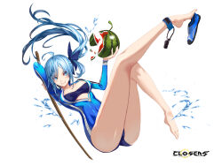  ahoge alternate_hair_color arm_up ass bare_legs barefoot blue_bow blue_eyes blue_footwear blue_hair blue_tube_top blue_wetsuit bodysuit bow breasts closers copyright_name covered_navel diving_suit female floating_hair food fruit full_body grin hairbow hands_up highres holding holding_food holding_fruit holding_stick legs legs_up logo long_hair long_sleeves looking_at_viewer lying medium_breasts official_art on_back parted_bangs plunging_neckline ponytail shoe_dangle shoes single_ankle_cuff single_shoe smile solo springsuit stick strapless teeth thighs tube_top unworn_shoe variant_set water_drop watermelon wetsuit white_background yuri_seo 