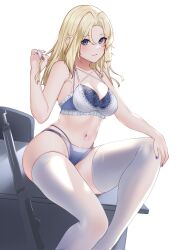  blonde_hair blue_eyes blue_nails blue_panties blush bra breasts cleavage commentary_request commission desk female gun hair_between_eyes hand_on_own_knee highres hornet_(kancolle) kantai_collection lace large_breasts long_hair looking_at_viewer nail_polish panties parted_lips simple_background sitting skeb_commission solo stomach thighhighs underwear underwear_only weapon white_background white_bra white_panties z_(knkr1025) 