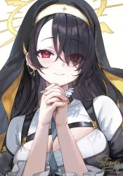  absurdres black_hair black_veil blue_archive blush cleavage_cutout closed_mouth clothing_cutout eyes_visible_through_hair female freng hair_over_one_eye halo highres hinata_(blue_archive) looking_at_viewer nun red_eyes simple_background smile solo veil white_background yellow_halo 