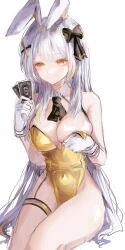  animal_ears bare_arms bare_legs bare_shoulders black_survival bow bowtie breasts card cleavage covered_navel detached_collar eternal_return:_black_survival expressionless female garter_straps gloves hair_ornament hairbow halterneck hand_up highleg highleg_leotard highres holding holding_card ilung large_breasts leotard long_hair looking_at_viewer minami_rio minami_rio_(winning_shot) multicolored_hair official_alternate_costume orange_eyes playboy_bunny playing_card rabbit_ears simple_background single_garter_strap sitting solo spaghetti_strap streaked_hair sweatdrop thigh_strap thighs very_long_hair white_background white_gloves white_hair x_hair_ornament yellow_leotard 