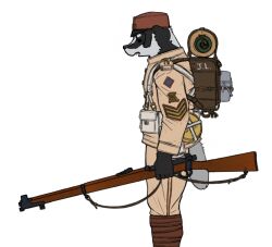  2023 anthro backpack badger battlehusk black_body black_fur brown_clothing brown_hat brown_headwear canteen clothed clothing collaboration colonial digital_drawing_(artwork) digital_media_(artwork) drawpile_(artwork) european_badger flat_colors fully_clothed fur gun hat headgear headwear hi_res holding_gun holding_object holding_ranged_weapon holding_rifle holding_weapon lee-enfield male mammal meles military_uniform mustelid musteline open_mouth patch_(fabric) portrait ranged_weapon rank rifle_sling simple_background sleeping_bag snout solo standing tail tan_clothing three-quarter_portrait uniform us_cannonfodder weapon web_gear white_background white_body white_fur 