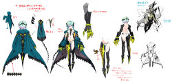  aqua_hair black_footwear cassius_(phantom_of_the_kill) closed_mouth expressionless female from_behind full_body green_jacket hair_ornament jacket looking_at_viewer midriff official_art orange_eyes phantom_of_the_kill reference_sheet shibuhiko short_shorts shorts simple_background straight-on white_background white_shorts 