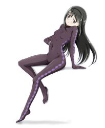  akemi_homura arm_support black_hair black_hairband blush bodysuit breasts commentary_request covered_navel female full_body hairband half-closed_eye hand_on_own_stomach kinfuji leaning_back long_hair looking_at_viewer looking_to_the_side mahou_shoujo_madoka_magica purple_bodysuit purple_hair shadow sideways_glance skin_tight small_breasts solo uneven_eyes white_background 