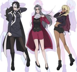  3girls absurdres ascot ass black_footwear black_hair black_necktie black_shirt black_vest blonde_hair boots breasts chains closed_mouth coat cropped_shirt dark-skinned_female dark_skin full_body genderswap_(mtf) glasses grey_hair gyakuten_saiban hair_between_eyes hand_on_own_hip high_heels highres holding holding_jacket holding_unworn_clothes im_sui_1109 jacket jewelry klavier_gavin knee_boots long_hair looking_at_viewer miles_edgeworth multiple_girls necktie rule_63 shirt short_shorts shorts simon_blackquill skirt unworn_jacket vest white_hair zoom_layer 