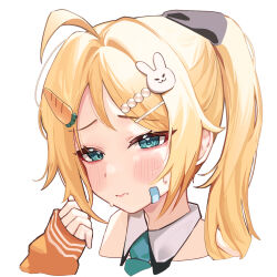  3: absurdres ahoge bandaid bandaid_on_cheek bandaid_on_face bare_shoulders black_survival blonde_hair blue_eyes blush bow carrot_hair_ornament closed_mouth cropped_torso detached_collar detached_sleeves embarrassed eternal_return:_black_survival female food-themed_hair_ornament frown hair_ornament hairbow hairclip highres long_hair long_sleeves looking_at_viewer necktie nicky_blake nicky_blake_(bad_beat) official_alternate_costume parted_lips ponytail ranryu sidelocks solo sweatdrop 