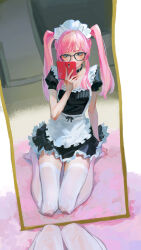  apron bang_dream! bang_dream!_it&#039;s_mygo!!!!! black-framed_eyewear black_choker black_dress blush breasts cellphone chihaya_anon chinese_commentary choker citruz_29 cleavage commentary_request dress female frilled_apron frilled_dress frills glasses grey_eyes highres holding holding_phone long_hair maid_apron maid_headdress mirror no_shoes on_ground phone pink_hair puffy_short_sleeves puffy_sleeves selfie short_sleeves sitting smartphone solo thighhighs twintails white_apron white_thighhighs 