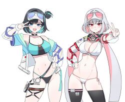  2girls aqua_hair arm_up armpits bare_shoulders belt belt_buckle bikini black_bikini black_choker black_hair black_survival black_thighhighs blue_bikini blue_eyes blue_jacket breasts buckle choker cleavage closed_mouth colored_inner_hair contrapposto cowboy_shot dalgam12 debi_(black_survival) eternal_return:_black_survival eyewear_on_headwear gas_mask hair_bun hand_on_own_hip jacket large_breasts long_hair long_sleeves looking_at_viewer loose_belt low_twintails marlene_(black_survival) mask mask_around_neck multicolored_clothes multicolored_hair multicolored_jacket multiple_girls official_alternate_costume open_clothes open_jacket open_mouth outstretched_arm pink_hair red_eyes second-party_source see-through see-through_sleeves short_hair shrug_(clothing) side-tie_bikini_bottom simple_background single_side_bun skindentation smile standing string_bikini sunglasses swimsuit thigh_strap thighhighs tinted_eyewear twintails two-tone_bikini two-tone_jacket v very_long_hair visor_cap white_background white_bikini white_hair 