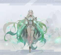  between_breasts blonde_hair breasts dress elf english_commentary female full_body gradient_hair green_hair headgear highres long_hair magic medium_breasts microdress multicolored_hair necktie necktie_between_breasts original pointy_ears smjim1986 solo thigh_strap very_long_hair walking white_dress white_footwear 