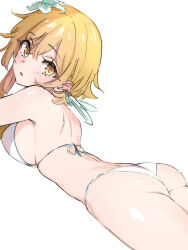  :o absurdres ass bikini blonde_hair blush breasts commentary_request female genshin_impact highres large_breasts looking_at_viewer lumine_(genshin_impact) median_furrow sideboob simple_background solo string_bikini swimsuit ukitaryu white_background white_bikini 