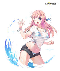  ;d alternate_hair_color bikini bikini_under_clothes bikini_under_shorts black_shorts blue_bikini blue_ribbon breasts closers copyright_name cowboy_shot female hair_ribbon hands_up highres large_breasts levia_(closers) logo long_hair looking_to_the_side multicolored_bikini multicolored_clothes multicolored_ribbon navel no_pupils official_art one_eye_closed open_mouth pink_hair purple_eyes ribbon see-through see-through_shirt shirt short_shorts short_sleeves shorts smile solo sparkle splashing stomach string_bikini striped_bikini striped_clothes swimsuit t-shirt tied_shirt variant_set wading water wet wet_clothes wet_shirt white_background white_bikini white_ribbon white_shirt wrist_ribbon 