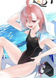  absurdres ahoge arm_up black_one-piece_swimsuit blue_archive braid breasts female goggles halo highres looking_at_viewer mole mole_under_eye neru_(blue_archive) one-piece_swimsuit open_mouth red_eyes rerrere sitting small_breasts solo swimsuit towel towel_on_head unworn_goggles water 