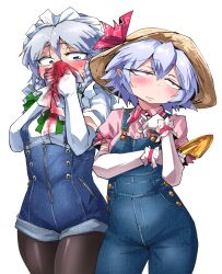  2girls alternate_costume black_pantyhose blood blue_eyes blue_hair blush bow bowtie breasts closed_mouth collared_shirt commentary_request cowboy_shot denim gloves green_bow green_bowtie grey_hair hair_between_eyes hairbow handkerchief hat holding holding_handkerchief izayoi_sakuya looking_at_another looking_to_the_side maid_headdress multiple_girls nosebleed overalls pantyhose pink_shirt red_eyes remilia_scarlet shimizu_pem shirt short_hair simple_background small_breasts straw_hat sun_hat touhou trowel white_background white_gloves white_shirt 