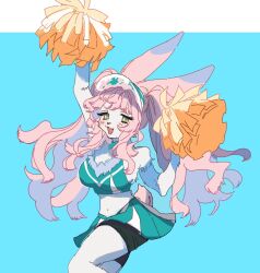  arm_up blue_hair blue_skirt body_fur breasts buck_teeth cheerleader female furry furry_female green_eyes highres kohanyang multicolored_hair open_mouth original pink_hair pom_pom_(cheerleading) rabbit_girl skirt smile sports_bra teeth two-tone_hair two-tone_skirt 