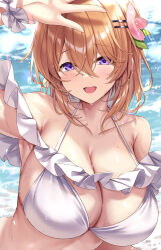  :d absurdres aged_up alternate_breast_size arm_up armpits bare_shoulders bikini blush breasts cleavage collarbone commentary_request female gochuumon_wa_usagi_desu_ka? hair_between_eyes hair_ornament hairclip highres hoto_cocoa ks_(xephyrks) large_breasts looking_at_viewer medium_hair open_mouth orange_hair purple_eyes smile solo swimsuit upper_body water water_drop wet white_bikini 