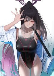  absurdres black_one-piece_swimsuit blue_archive breasts cowboy_shot dark-skinned_female dark_skin female halo highres jacket karin_(blue_archive) large_breasts long_hair long_sleeves one-piece_swimsuit one_eye_closed open_clothes open_jacket ponytail purple_hair rerrere solo standing swimsuit very_long_hair yellow_eyes 