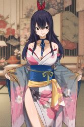  bare_shoulders black_hair breasts cleavage eden&#039;s_zero female floral_print floral_print_kimono gaston18 hair_ribbon highres homura_kogetsu japanese_clothes kimono large_breasts long_hair looking_at_viewer mole mole_under_eye multicolored_clothes multicolored_kimono red_ribbon ribbon solo 