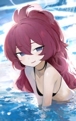  absurdres alternate_costume alternate_hairstyle blue_archive blush breasts commentary_request female hair_between_eyes halo highres iroha_(blue_archive) long_hair looking_at_viewer open_mouth partially_submerged purple_eyes purple_halo red_hair rotroto slit_pupils small_breasts smile solo swimsuit water 