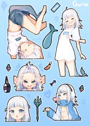  +_+ 1other :d :o ? ahoge bag bangs_pinned_back blowing_kiss blue_background blue_eyes blue_hair blue_scarf blue_shorts blunt_bangs blush character_name closed_eyes closed_mouth clothes_writing cropped_legs dolphin_shorts double_w earmuffs ebi-chan_(gawr_gura) female fins fish_bone fish_tail forehead gawr_gura hair_ornament hand_up hands_up heart highres hololive hololive_english jacket lapels lifting_person long_sleeves looking_at_viewer ma_draws medium_hair multicolored_hair multiple_views notice_lines o3o oerba_yun_fang open_clothes open_jacket open_mouth outline polearm ribbed_sweater scarf shark_hair_ornament shark_tail sharp_teeth shirt short_shorts short_sleeves shorts shrimp sidelocks simple_background skin_fang sleeves_past_wrists smile star_(symbol) star_hair_ornament streaked_hair sweater t-shirt tail teeth trident two-tone_hair upper_teeth_only upside-down v-shaped_eyebrows virtual_youtuber w wavy_mouth weapon white_hair white_jacket white_outline white_shirt wide_sleeves yellow_sweater 