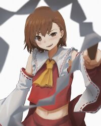  absurdres ascot bare_shoulders blush brown_eyes brown_hair collared_shirt commission cosplay detached_sleeves ear_blush female foreshortening frown gohei hakurei_reimu hakurei_reimu_(cosplay) half-closed_eye highres holding holding_gohei medium_hair midriff misaka_mikoto navel open_mouth red_skirt ribbon_trim shirt skirt sleeveless sleeveless_shirt solo tatararashi teeth toaru_majutsu_no_index uneven_eyes upper_body white_background wide_sleeves yellow_ascot 