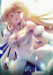  archetype_earth arcueid_brunestud blonde_hair breasts collar detached_collar detached_sleeves dress falling_petals fate/grand_order fate_(series) female gold_trim large_breasts long_hair open_mouth petals red_eyes shimotsukishin solo strapless strapless_dress tsukihime white_collar white_dress white_sleeves 